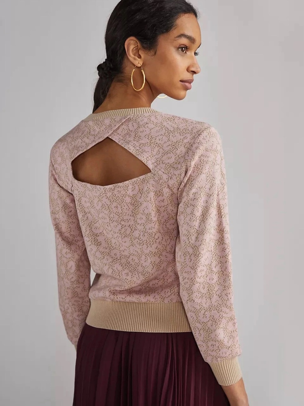 Anthropologie Dolan Pink Leopard Pullover Sweater Crewneck Tan Trim Cut Out Back